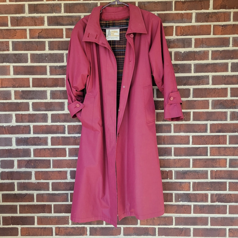 London FogTrench Coat Berry Pink Burgundy Wool Plaid Lining Womens 10 Pet